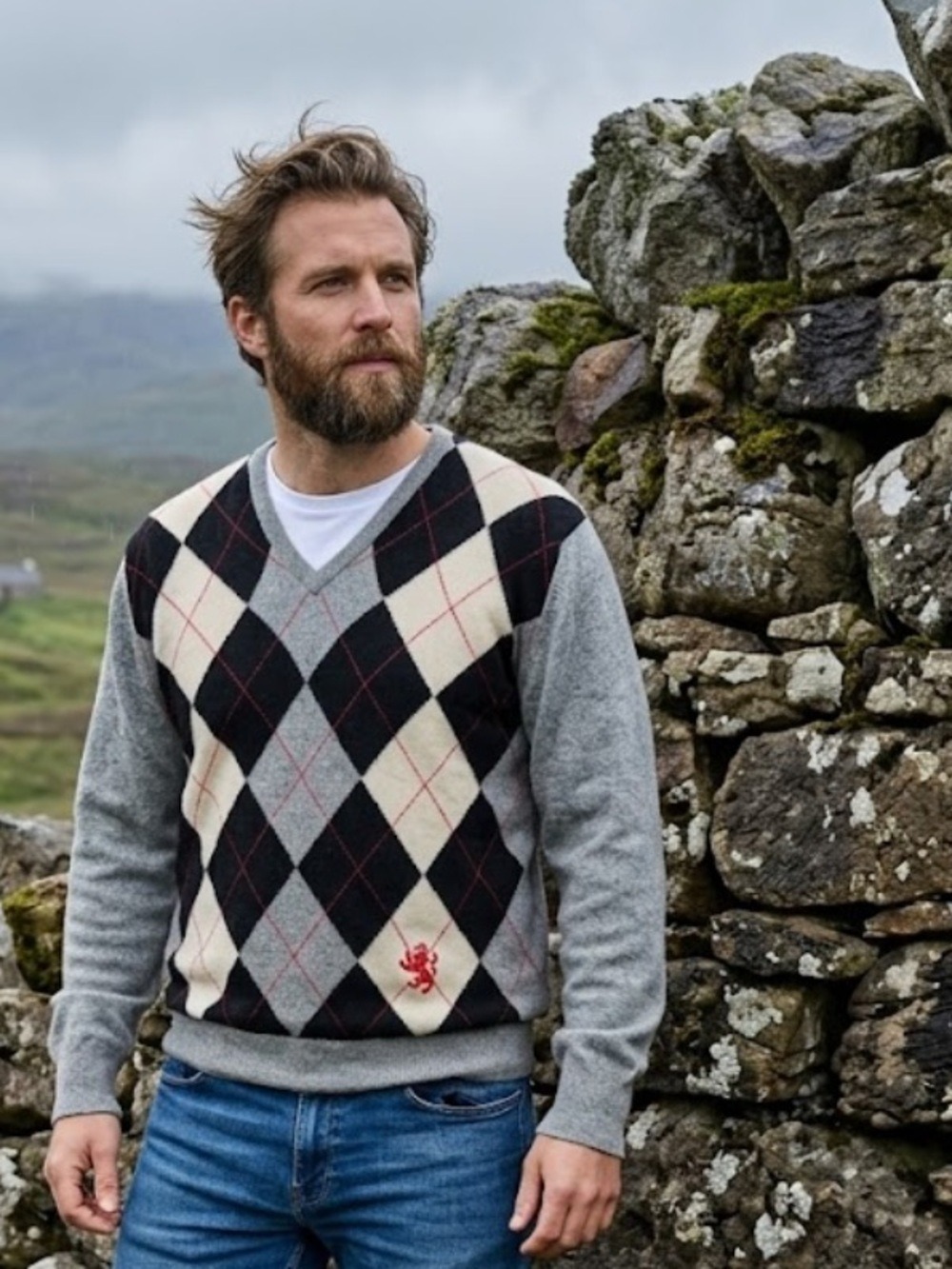 The Scotch House Gray Argyle 100% Lambswool Sweater - Size Large